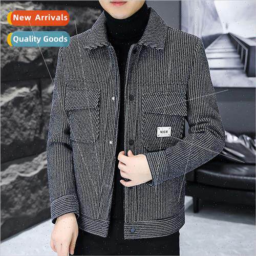 Autumn winter tweed coat men Korea Slim thickened lapel gold