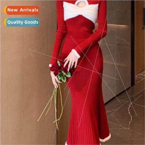 High neck knted bottoming sweater dress bow sexy thin color