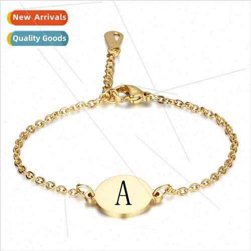 Round Stainless Steel 26 Alphabet Bracelet Gold Engraved Tan