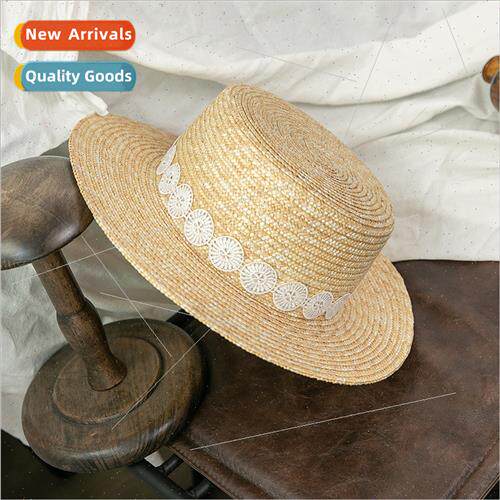 Korea fine straw light luxury wide-brimmed lace flat-top sun