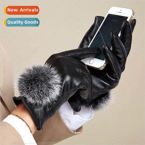 Cute rabb fur ball pu touch screen leather gloves female fal