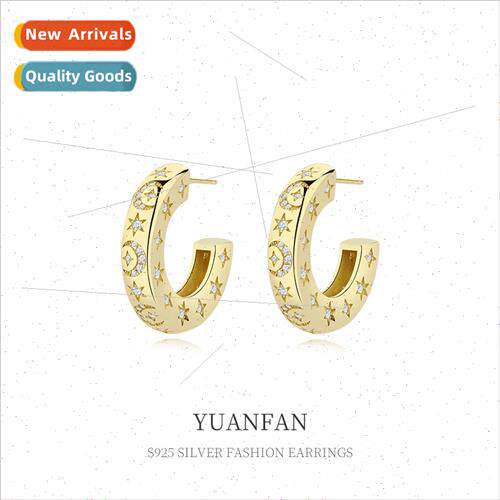 S925 Silver Metal Crushed Zirconium C-Shaped Star Moon Earri