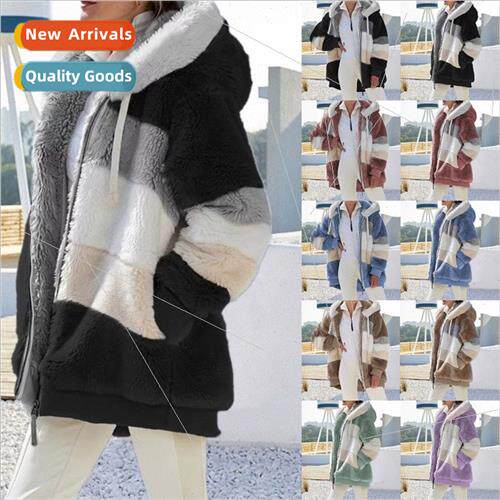 2023 Autumn Winter Warm Plush Patchwork Zipper Pocket Hooded