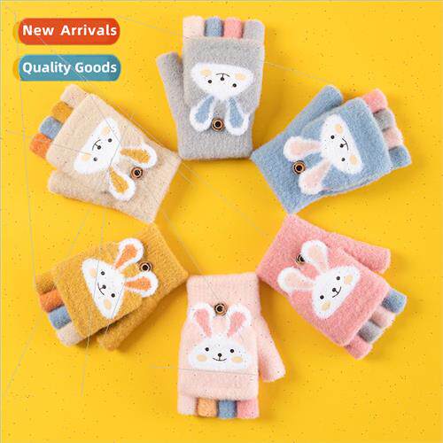 2023 winter cartoon half-finger flip gloves men women baby w