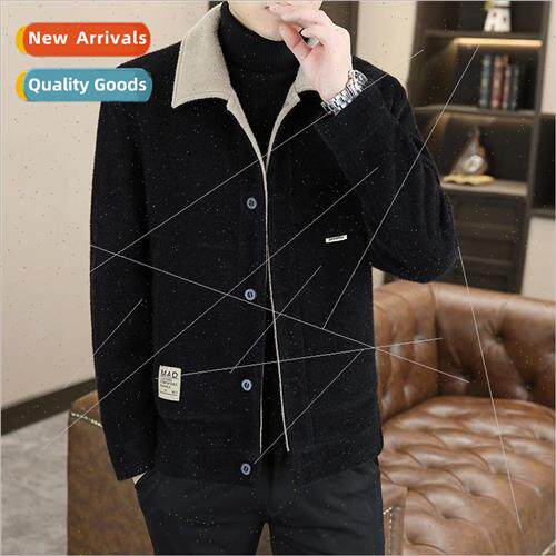 Men winter color collision lapel tweed jacket cotton thicken