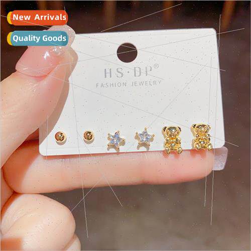 s925 silver pin metal zirconia bear five star earrings combi