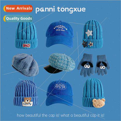 Children knted cap blue fall winter baby hat cute thickened