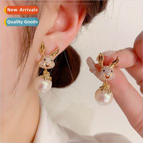 s925 silver needle cute rabb blessing pearl earrings female