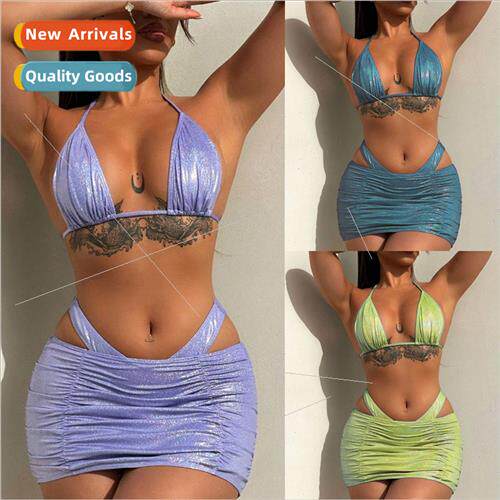 2023 Europe New Swimsu Sexy Glter Fabric 3 Piece Bikini Swim