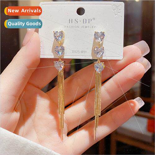 Delicate three zirconia heart tassel earrings female fashion