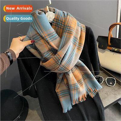 2023 new niche blue orange plaid scarf female winter versati