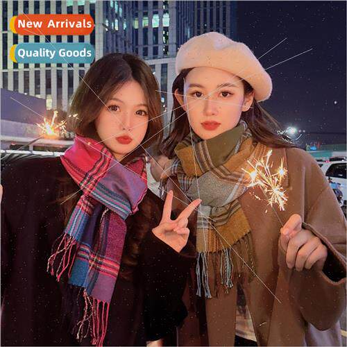 Retro color collision plaid scarf women soft warm tassel lar