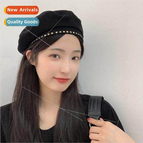 Sweet cool wind ~ metal stars black beret female summer thin