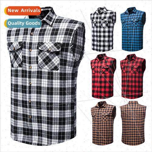 Mens Casual Flannel Plaid Shirt Sleeveless Cotton Plus ze Ve