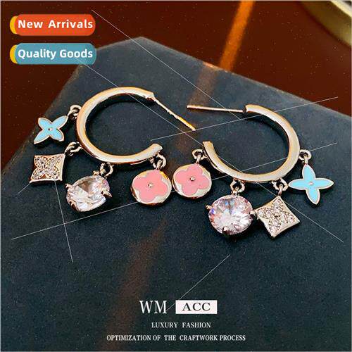 lver needle zirconia oil drop diamond flower earrings Korea