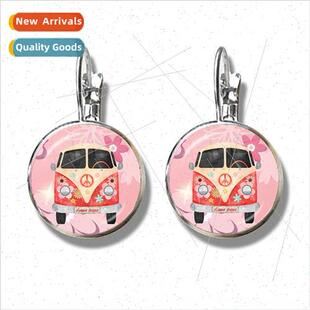 Car Earrin Van Hook French Badge Hippy Earrings Bus Peace
