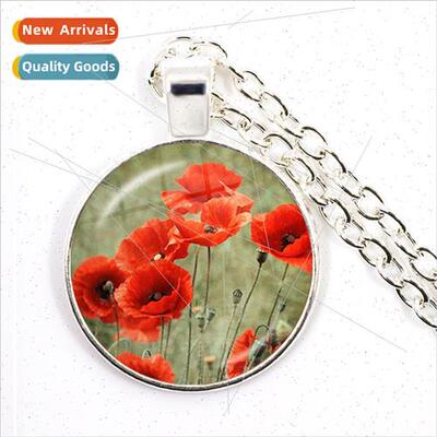 Poppy Art Pattern Necklace Fashion Glass Round Jewellery mpl