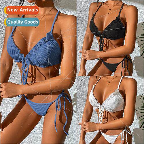 2023 New Europe P Stripe Ruffle Tie Backless Sexy Bikini Swi