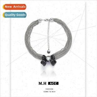 Lock Lay Necklace Multi Chain Bone Ins Alloy Women Bow Black