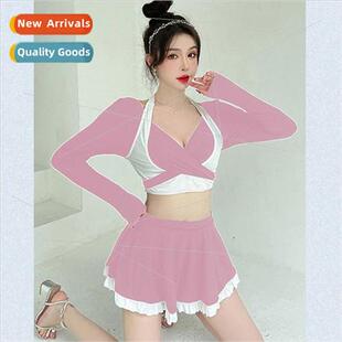 New belly long sleev thin gathered female swimsu spl shading