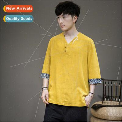 New Chinese cotton linen short-sleeved t-shirt men embroider