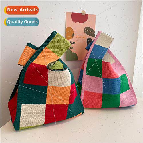 2022 New Fashion Pink Green Checkerboard Plaid Woven Tote Kn