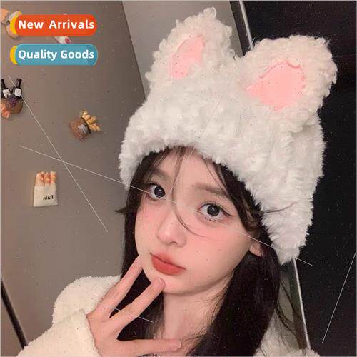 Cute rabb ears hat whe plush fall winter warm knted wool cap