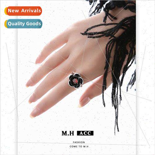 Black flower open ring female punk hip-hop adjustable ring c