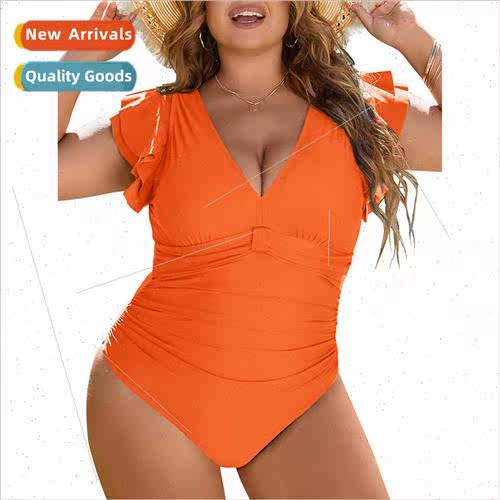 Solid color double ruffle deep V halter one-piece swimsu wom