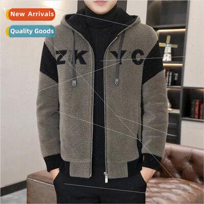 Winter tweed coat men high-end handsome hooded sable jacket