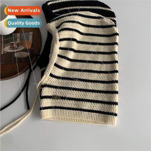 Korea  new classic black whe striped hat scarf all-in-one wo