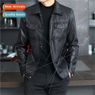 spring lea jacket lapel fall 2023 flower dark leather Men