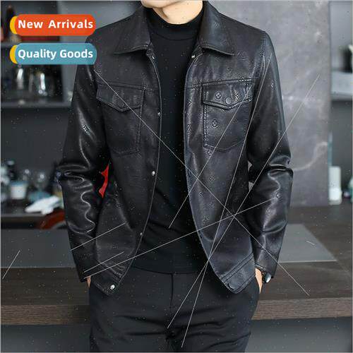Men leather jacket dark flower 2023 spring fall lapel PU lea