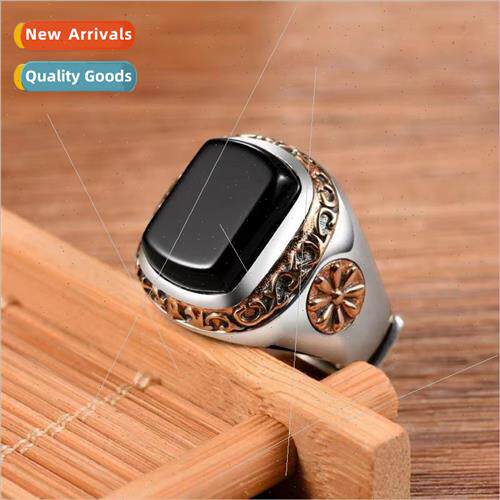 mple Men Fashion Gold Flower Black Gemstone lver Ring Jewelr