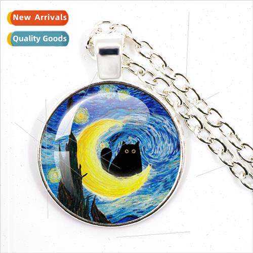 vely Cute Van Gogh Art Cat lhouette Moon Round Glass Necklac