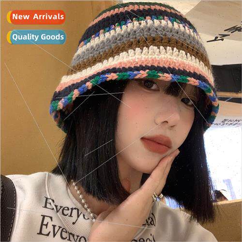 Japan striped color clash knted fisherman hat female autumn