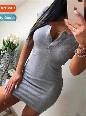 Europe Uned States new buttons round neck short-sleeved dres
