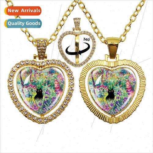 Cute Cat Round Glass Heart Charms Double ded Peach Heart Nec