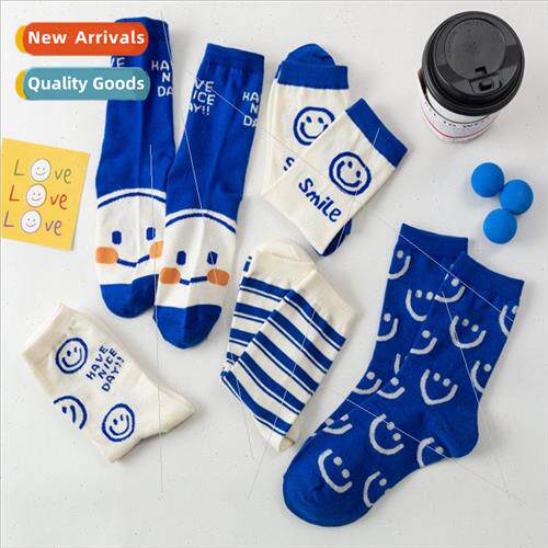 Autumn winter new Klein blue socks tide Japan smiley face co