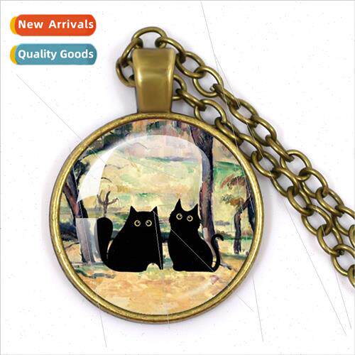 vely Cute Van Gogh Art Cat lhouette Moon Round Glass Necklac