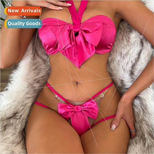 Three-point satin wrap erotic lingerie bow tie bra crotchles
