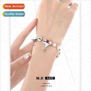 Navy blue oil drop wine glass pearl bracelet women splicing