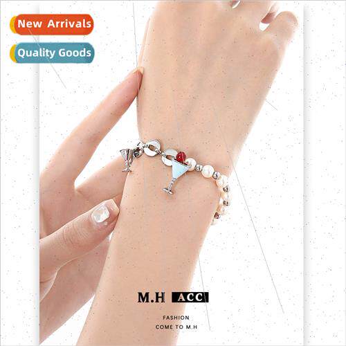 Navy blue oil drop wine glass pearl bracelet women splicing