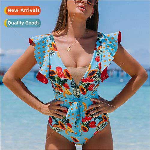 2023 new ruffled one-piece strappy sexy Europe printed swims
