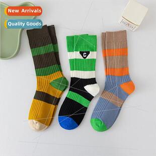 green striped color retro double high socks Korea womens