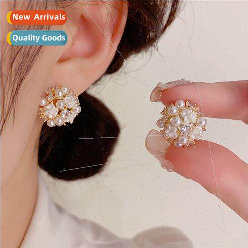 Gentle flowers zirconia pearl round earrings s925 silver pin