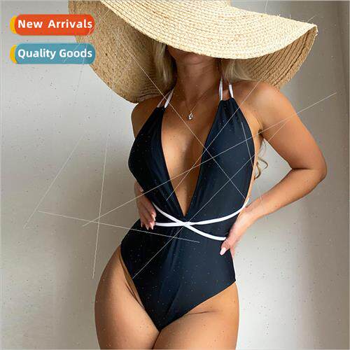 2022Europe new black deep V around the waist tie sexy high w