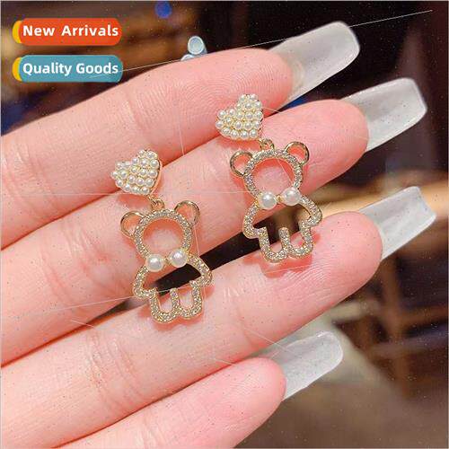 Korea girls heart cartoon hollow bear full diamond pearl lov