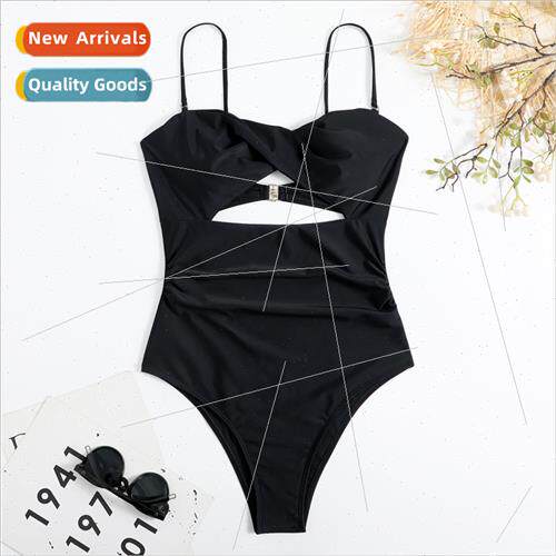 Europe Womens Sexy Triangle Halter One Piece Solid Color Hol