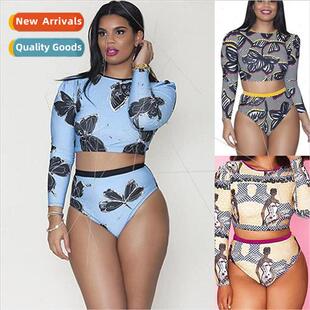 Womens Blu Long Bikini Swimsu Spl Waist High Sleeve New 2024